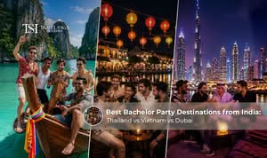 Group of friends celebrating a bachelor party at an international travel destination