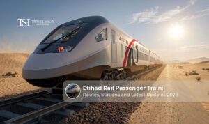 Etihad Rail passenger train travelling through the scenic desert landscape of the UAE.