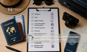 International trip documents checklist featuring essential travel documents such as passport, visa, travel insurance, flight tickets, and identification.