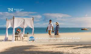 Couple relaxing at a luxury beachfront resort during a Mauritius honeymoon