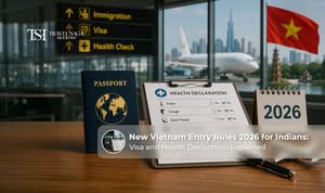 Indian traveller checking Vietnam entry rules with passport and travel documents