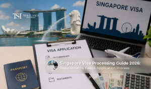 Traveller submitting a Singapore visa application with passport and required documents