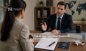 First-time visa applicant answering interview questions while holding passport and supporting documents