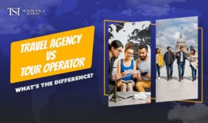Traveller comparing travel agency and tour operator services before planning a vacation
