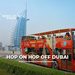 Hop On Hop Off Dubai sightseeing bus passing Burj Khalifa and iconic city attractions