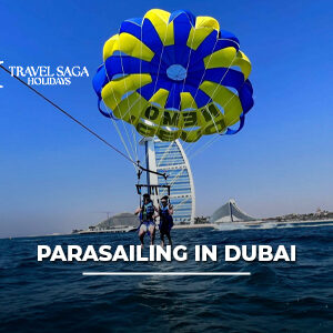 Parasailing adventure in Dubai with panoramic views of the Arabian Gulf and skyline