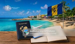 An Indian traveller preparing documents and a passport for a Barbados visa application.