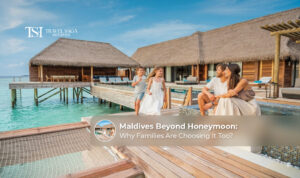 Maldives family enjoying a tropical island holiday.