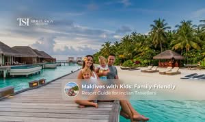 Family enjoying a stay at a Maldives resort with children playing on the beach near luxurious overwater villas.