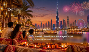 Travellers enjoying festive lights and Diwali celebrations during a Dubai holiday.