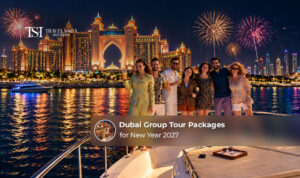 A group of travellers enjoying a festive Dubai getaway for the New Year 2027 celebrations.