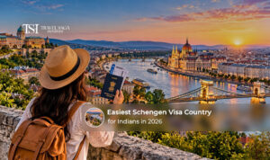 Indian traveller reviewing Schengen visa requirements and European travel documents.