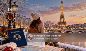 Travellers preparing documents and planning a festive Christmas holiday across Europe.