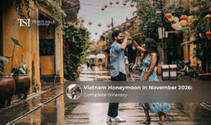 A romantic couple enjoying a scenic Vietnam getaway during the November travel season.