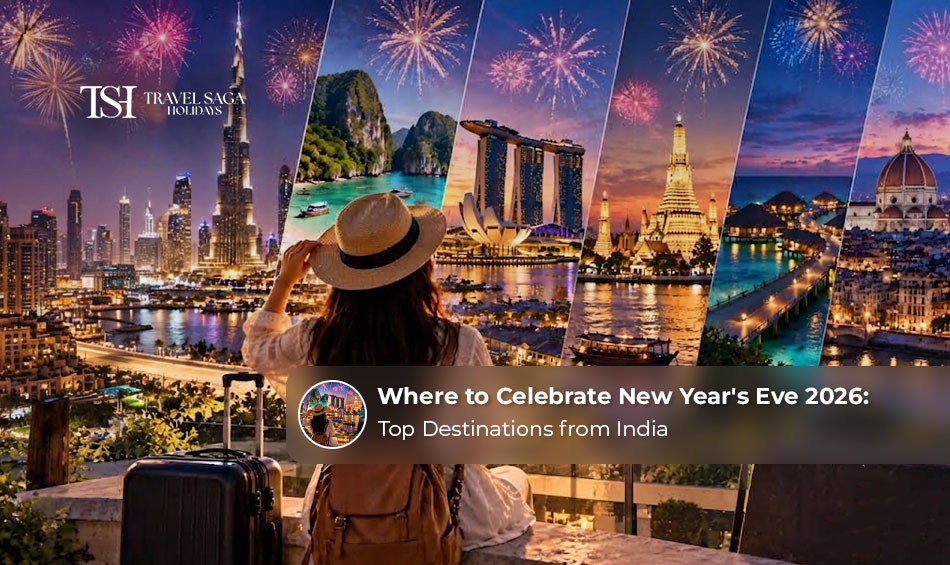 Dubai skyline lit up during New Year's Eve celebrations with fireworks and festive crowds.