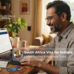 Safari wildlife landscape illustration representing South Africa visa options for Indian passport holders.