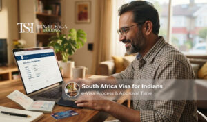 Safari wildlife landscape illustration representing South Africa visa options for Indian passport holders.