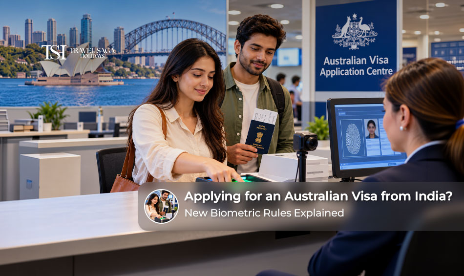 Traveller preparing an Australian visa application with a passport and biometric documents in India.