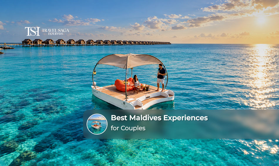 Couple enjoying a romantic sunset by the turquoise waters of the Maldives with tropical islands in the background.