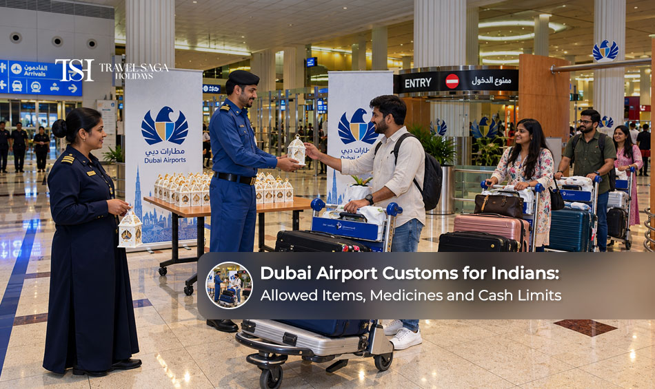 Indian travellers passing through Dubai Airport customs with their luggage and travel documents.