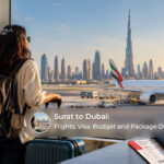 Travellers preparing for a Dubai trip from Surat, with an airplane flying towards the city's iconic skyline.