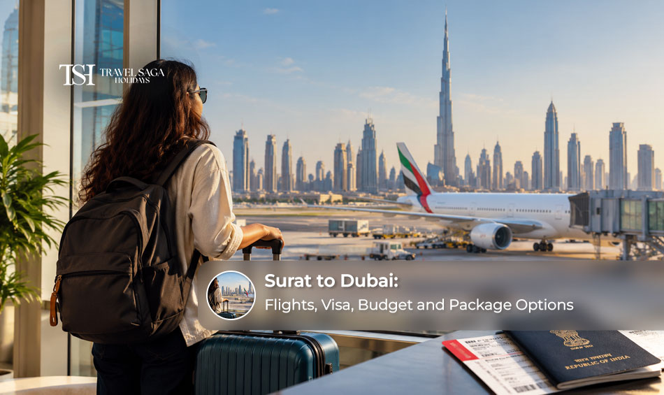 Travellers preparing for a Dubai trip from Surat, with an airplane flying towards the city's iconic skyline.